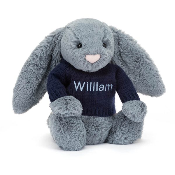 Bashful Dusky Blue Bunny with Personalized Navy Jumper